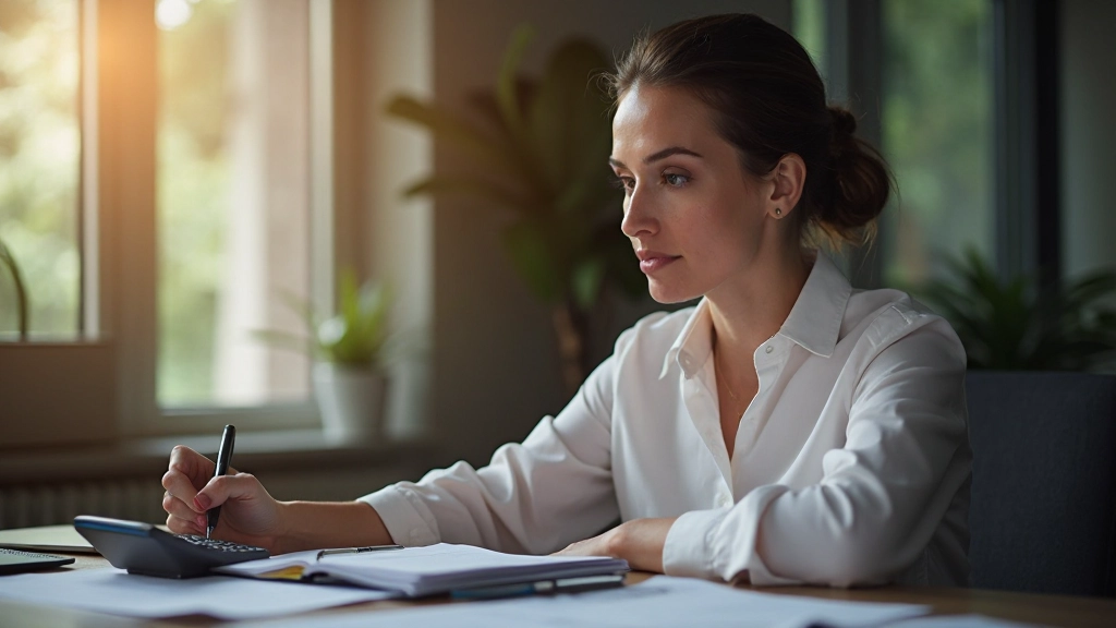 Professionelles Foto einer Frau, die mit einem Taschenrechner und Finanzberichten an ihrem Schreibtisch sitzt, um ihre Investitionen zu planen, modernes Büro mit warmem Licht, verschwommener Hintergrund, KEIN Text, KEINE Wasserzeichen