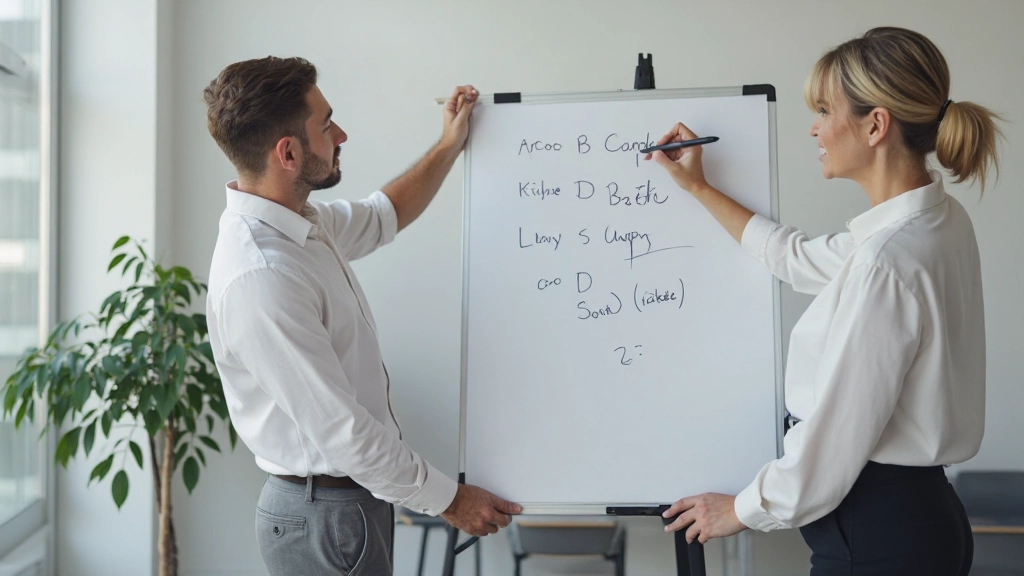 Finanzberaterin zeigt Anfänger die richtige Broker-Auswahl an Whiteboard mit Checkliste
