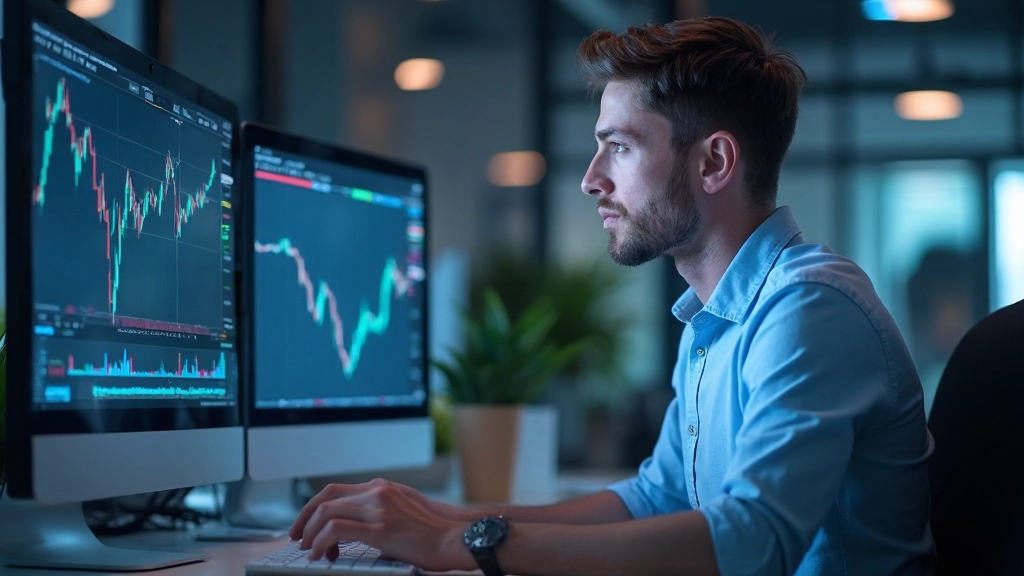 Moderner Handelscomputer mit Finanzdiagrammen und Marktdaten auf dem Bildschirm