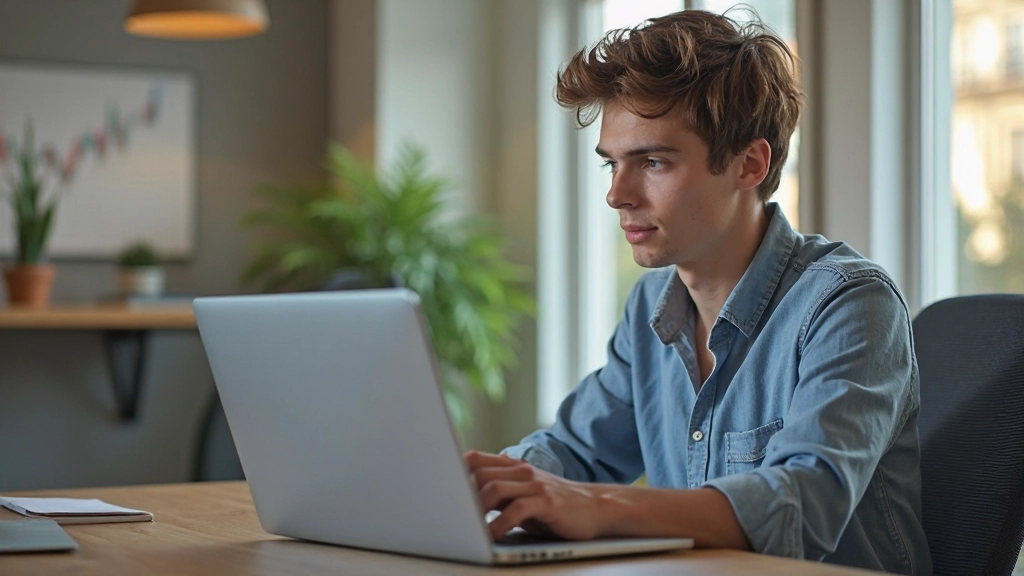 Professionelles Foto eines jungen Anfänger-Traders, der sein erstes Depot mit einem Laptop eröffnet, modernes Büro mit großem Fenster, natürliches Tageslicht, verschwommener Hintergrund, KEIN Text, KEINE Wasserzeichen