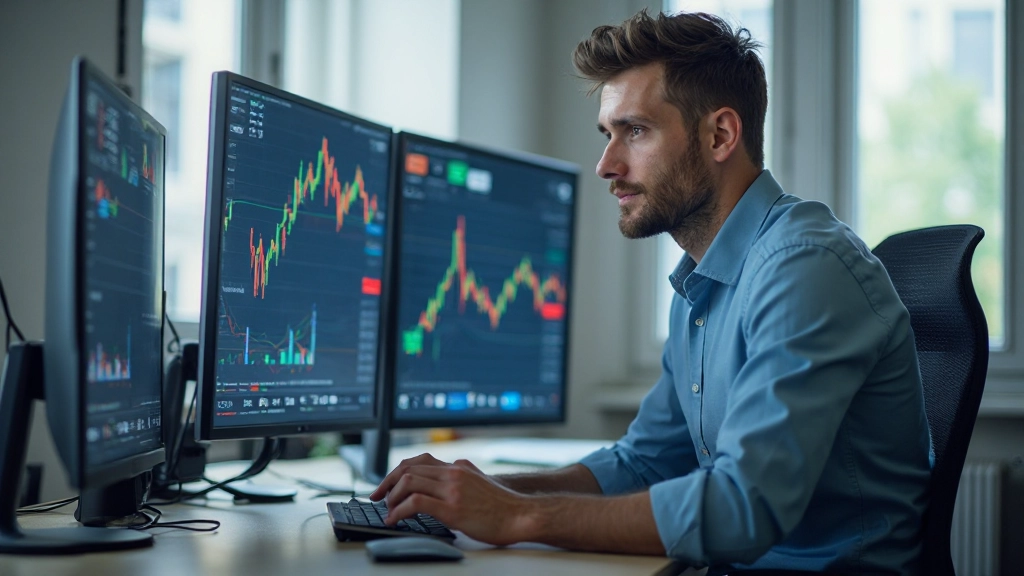 Anfänger Trader analysiert Finanzdiagramme an modernem Arbeitsplatz mit mehreren Monitoren